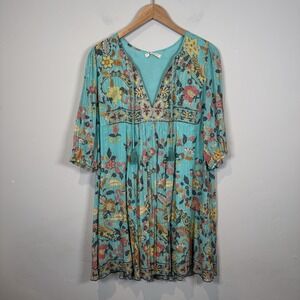 Spell Hendrix Tunic Dress Sky Metallic Threads Tassel Tie Turquoise Floral Small